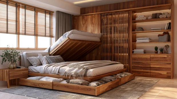 Bedroom with hydraulic storage bed