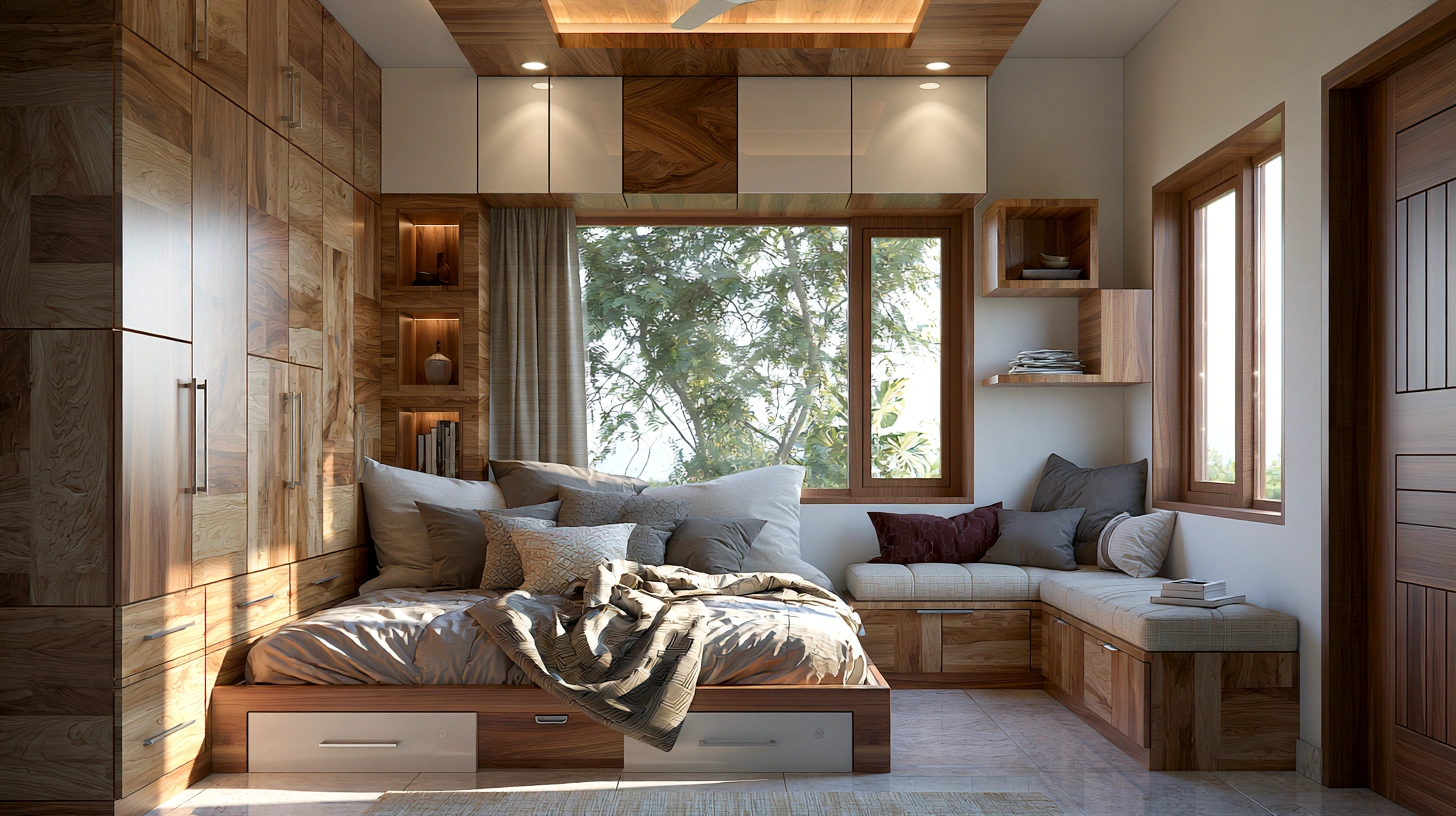 Storage-focused guest bedroom with hydraulic bed and wardrobe