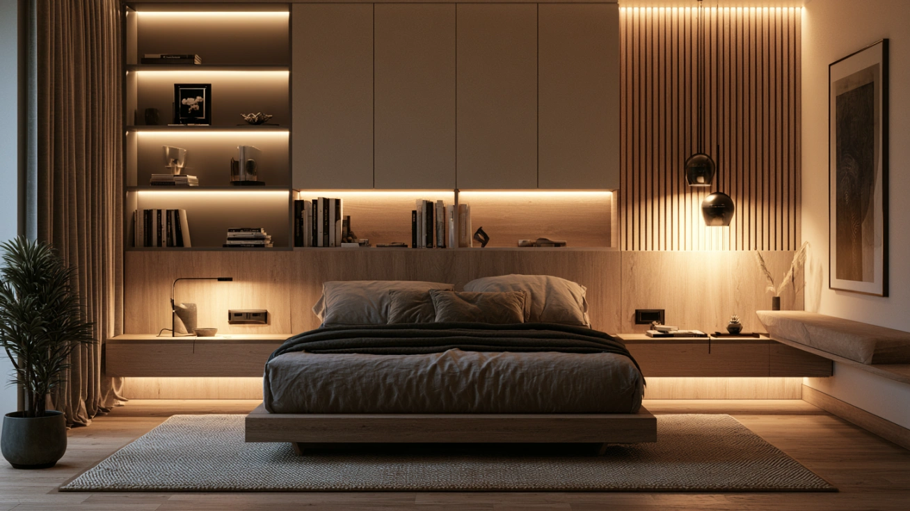 Storage headboard with shelves