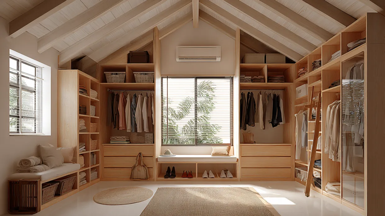 efficient small storeroom design using corners and sloping ceilings