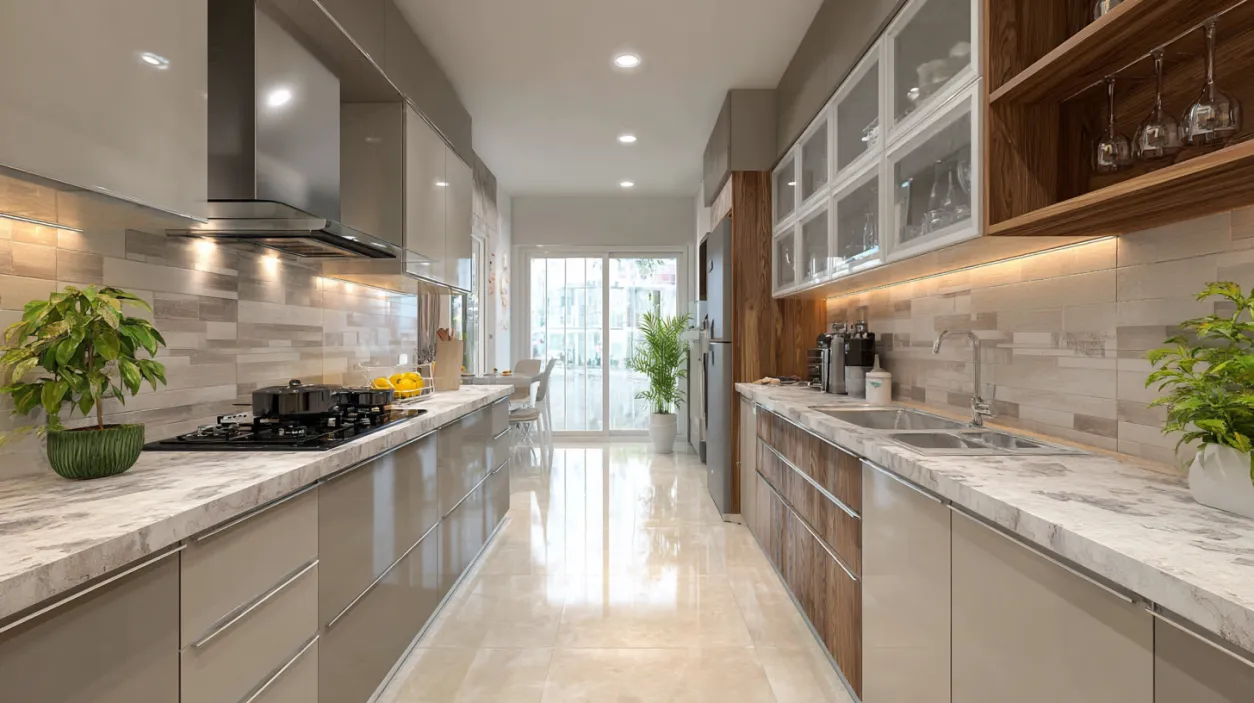Compact straight modular kitchen design for studio apartments.