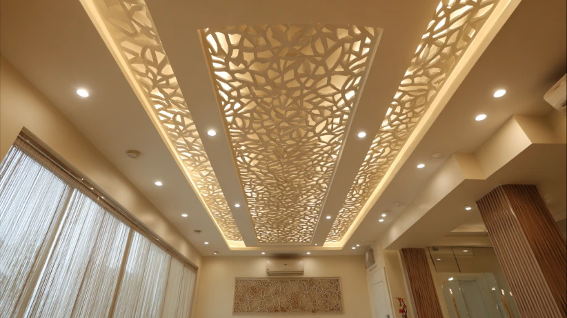 high gloss stretch pattern in a simple main hall fall ceiling design