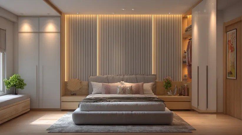 Modern striped PVC wall panel designs for bedroom