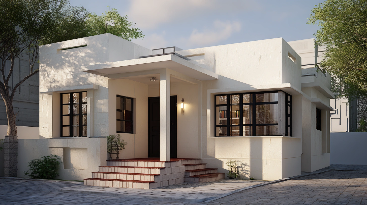 Off white stucco Indian home with small verandah