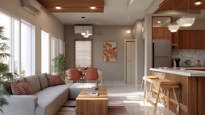 Open plan studio house design with warm wood ceiling