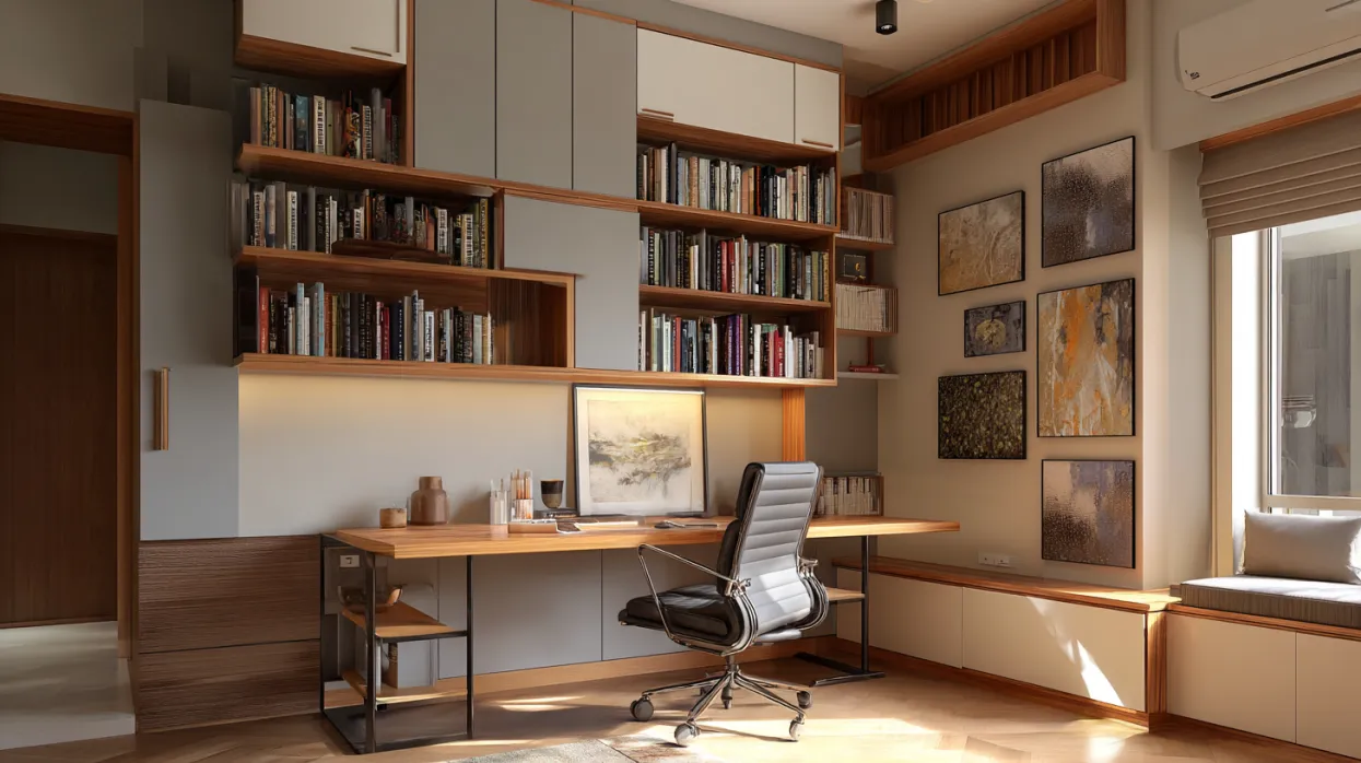 modern study room design with ergonomic chair and wooden desk