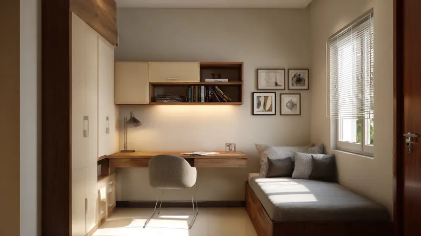 space-saving study table attached to wardrobe design for bedroom, perfect for students and small homes