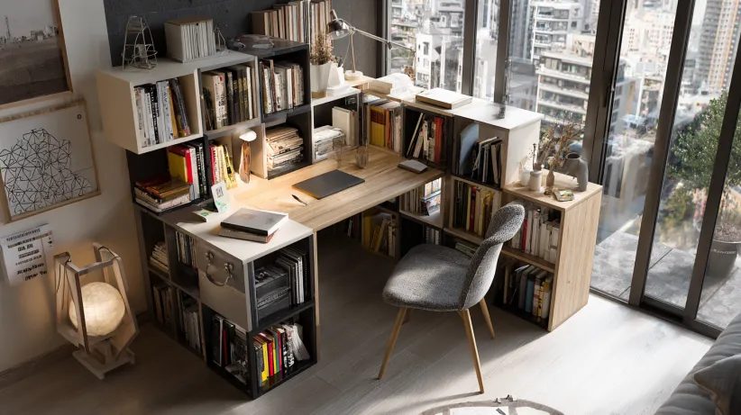 study table with integrated bookshelf design in a modern living room