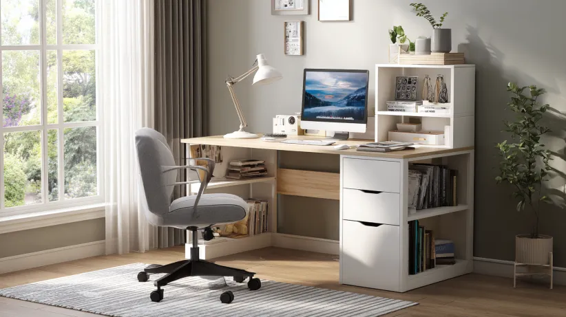 modern study table with computer table design featuring storage shelves, ideal for home office and student use