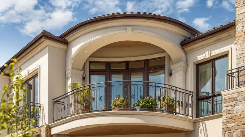 Elegant curved balcony arch with a wrought iron railing