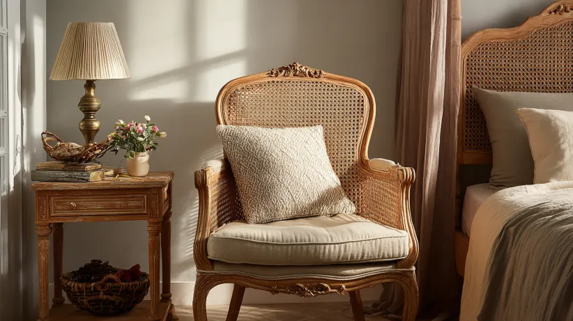 vintage bedroom ideas with wicker chair and linen pillows