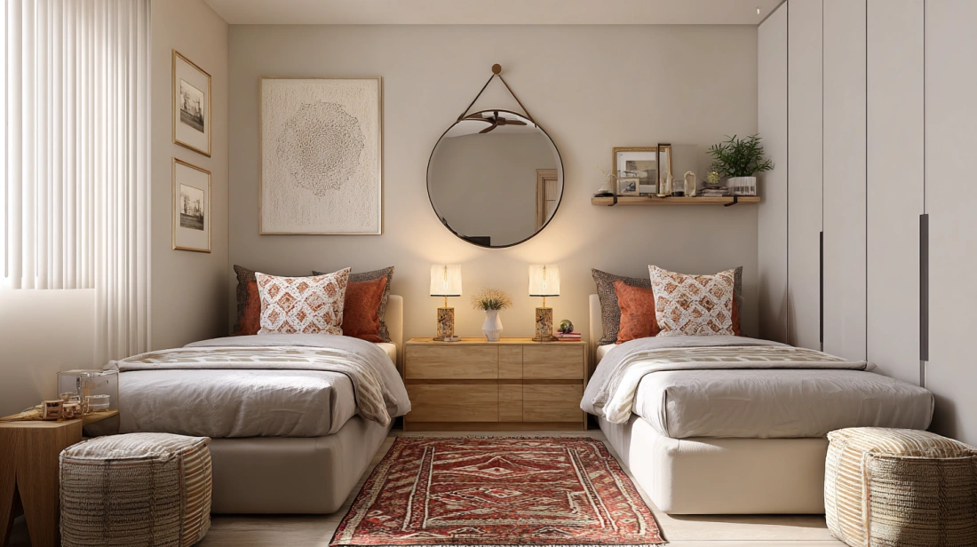 Styled twin bed room with rugs mirror storage