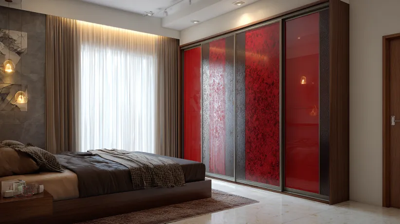 Sliding wardrobe with stylish red and brown finish