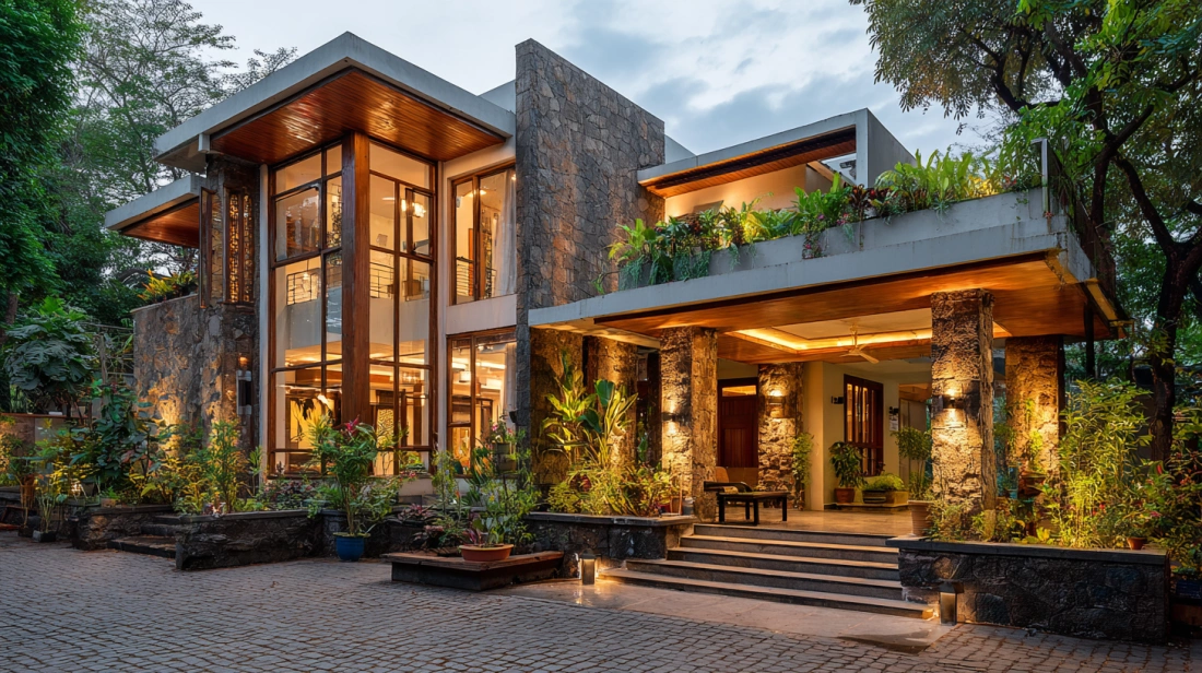 Rocky pillars with wood and glass front elevation