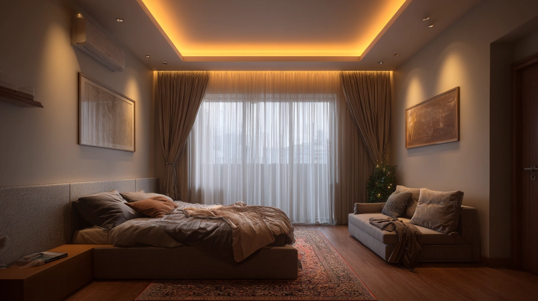 Bedroom ceiling with soft perimeter cove light design