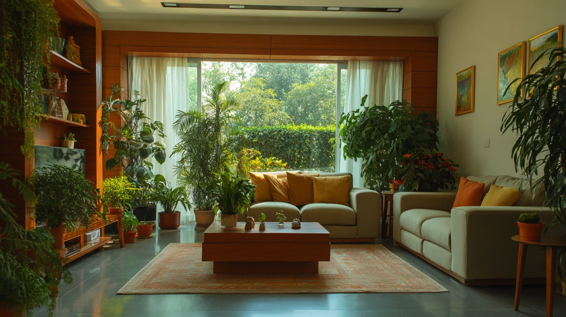 Relaxed person sitting in a clean, organized home