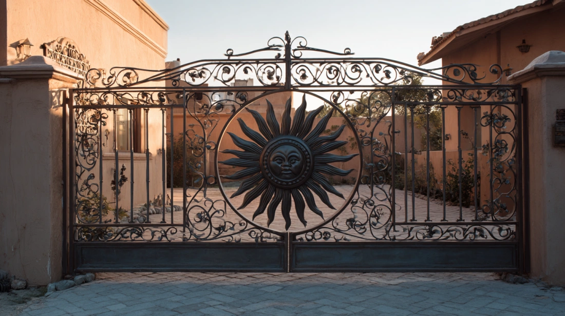Decorative iron gate featuring a central sunburst motif with radiating rays
