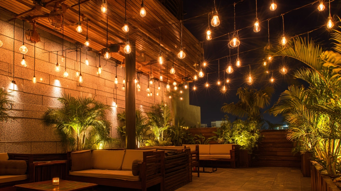 Suspended bulbs glowing above cozy Indian terrace seating