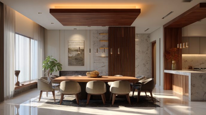 Floating gypsum island ceiling above dining table