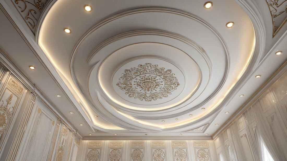 Perfectly symmetrical POP ceiling design in a luxury hall