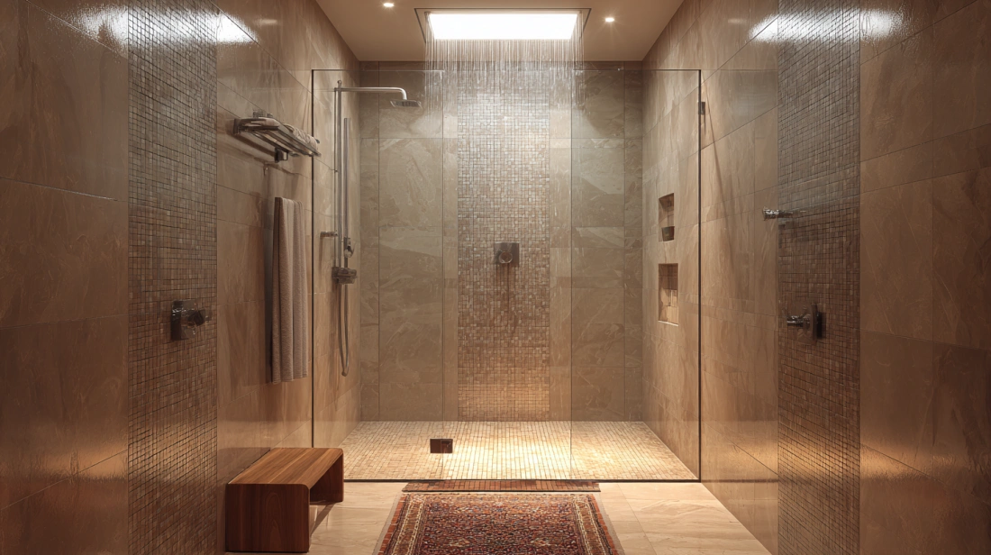 Symmetrical linear patterns on a glass bathroom partition