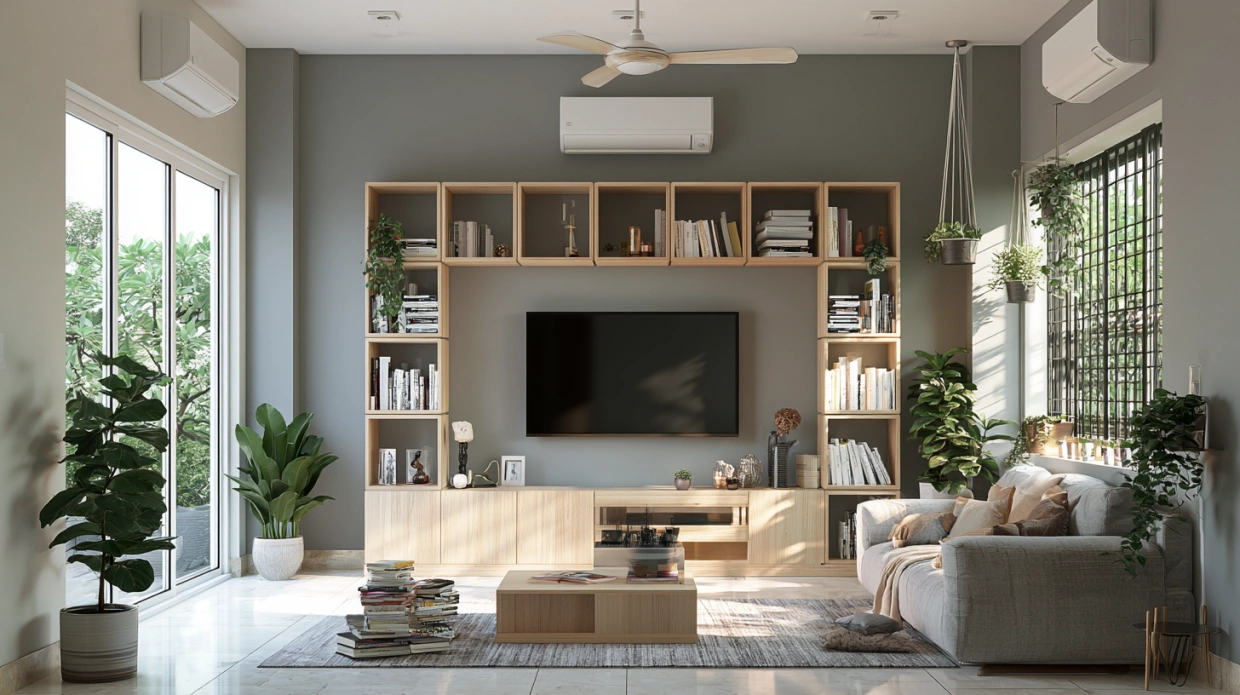 Floating drawer TV unit in a modern Indian living room