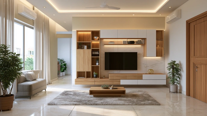 TV unit with decorative open niches in a living room