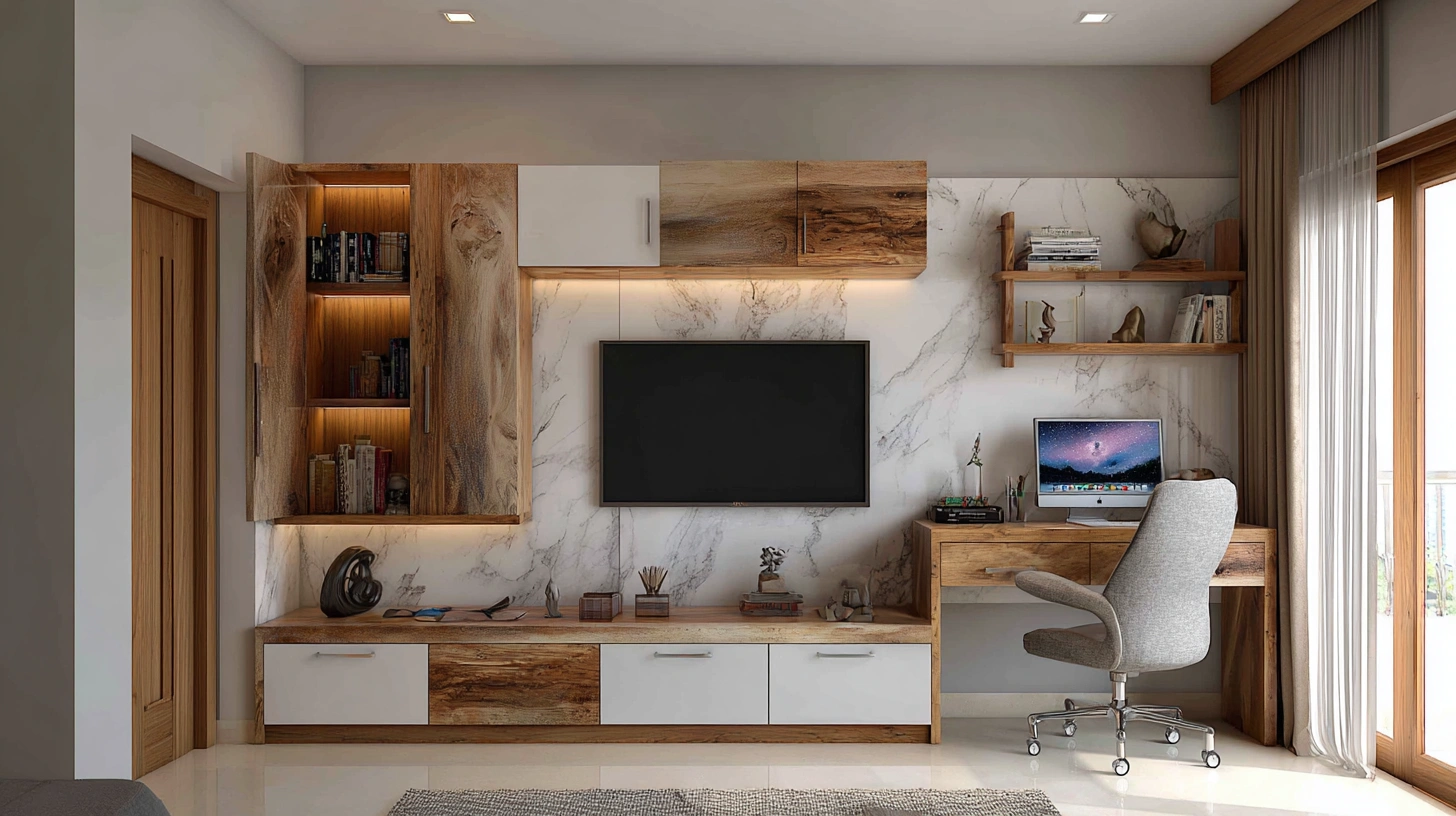 TV wall unit with study desk in compact Indian living room