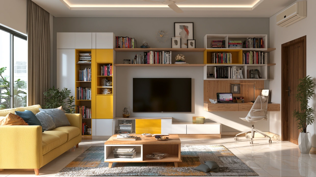 TV unit with integrated study shelf in a living room