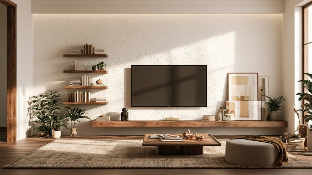 TV wall with floating display shelves