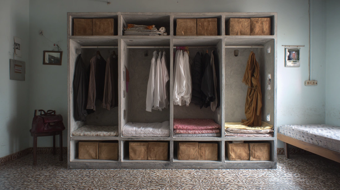 Tall cement wardrobe sections for hanging clothes
