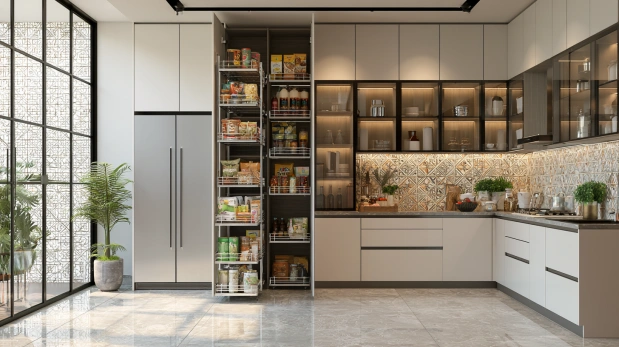 Full-height tall pantry rack with pull-out baskets