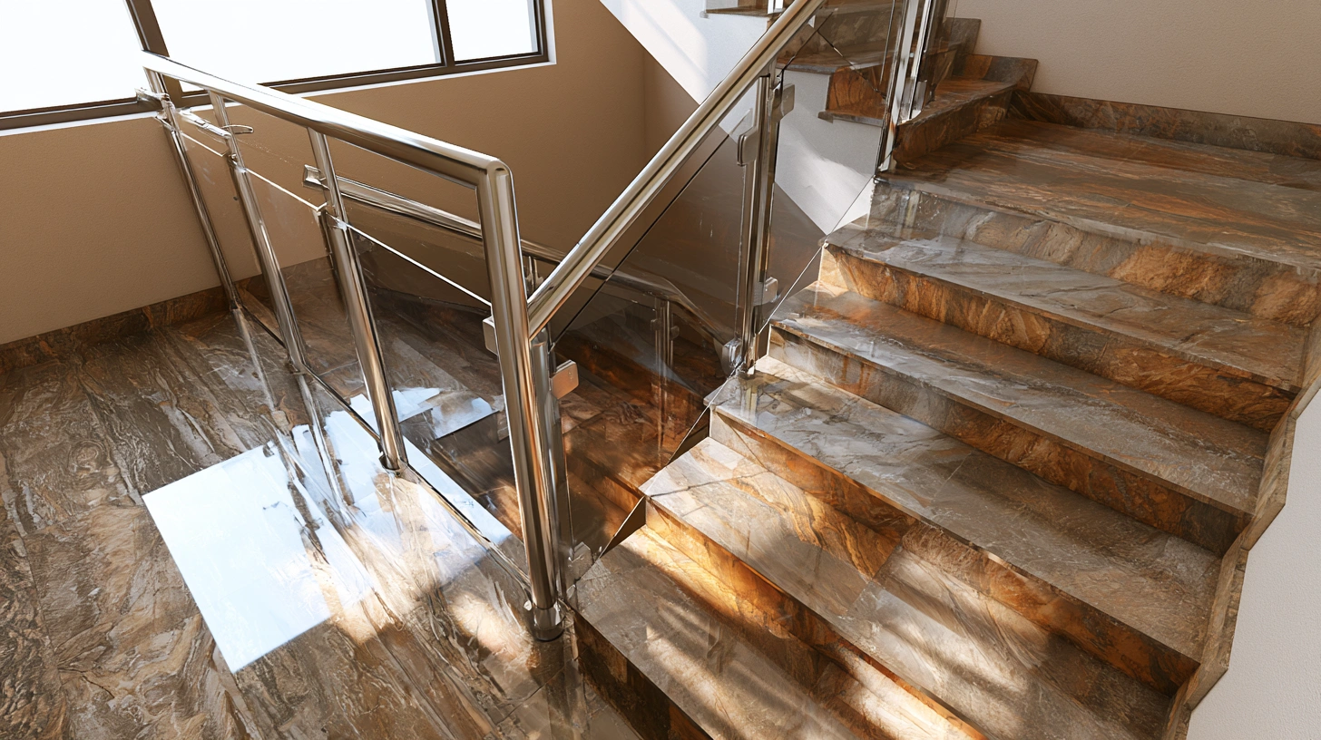 Tan Brown granite staircase with glass railing