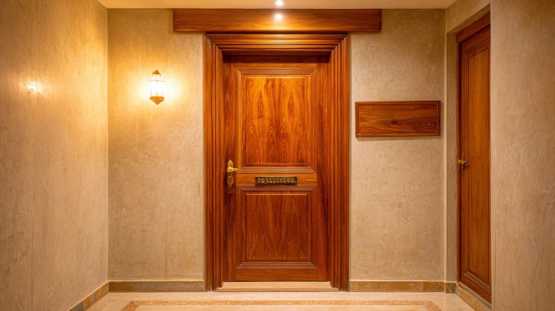 Teak veneer main door with warm tones and nameplate