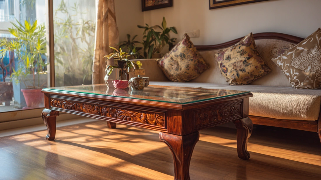 Teak wood tea table with glass top
