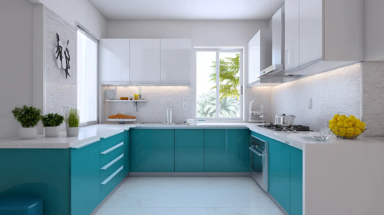 modern kitchen with teal and white cabinet colour combination and clean finishes