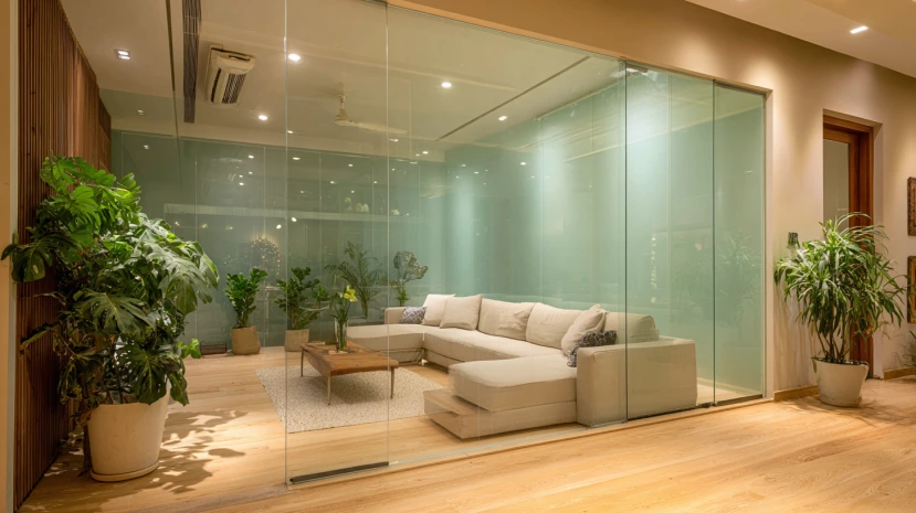 smart glass wall design for living room with modern tech features