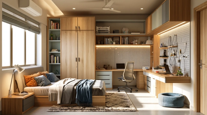 Teen bedroom with wardrobe and study area