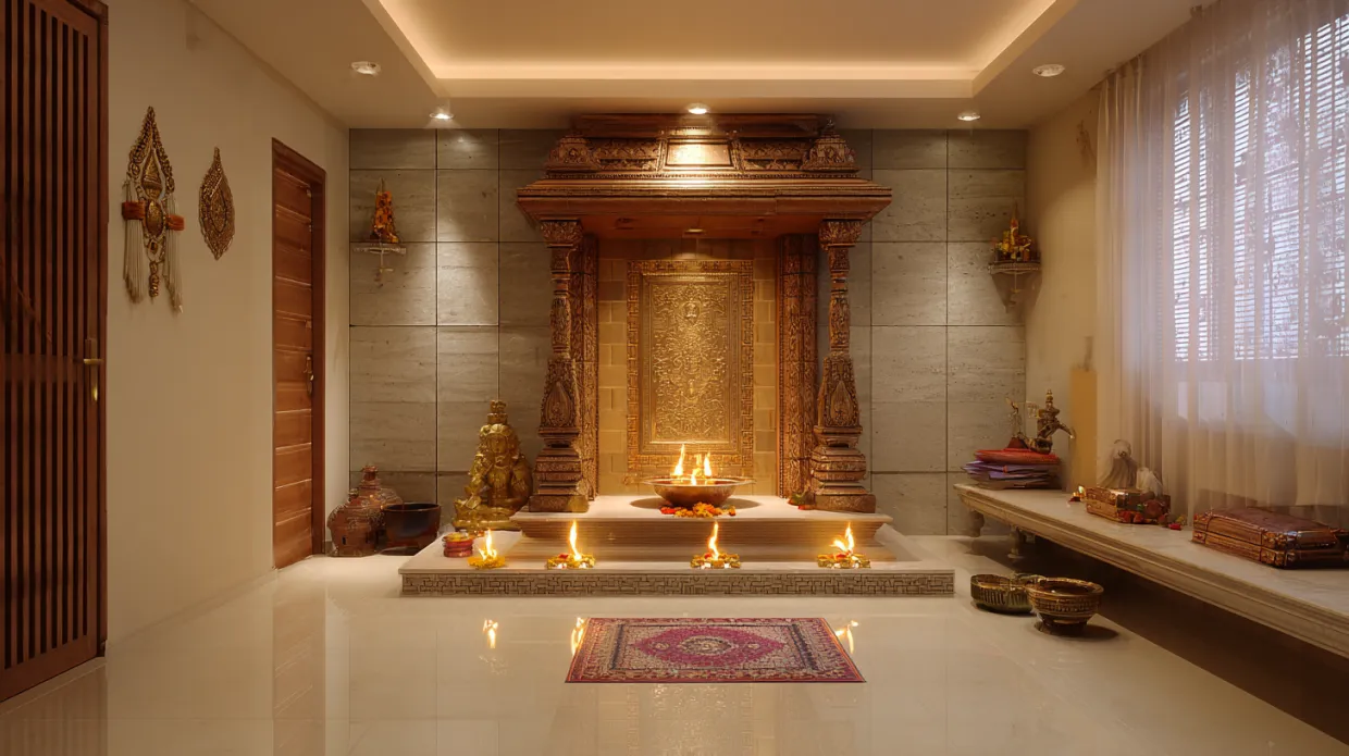 traditional temple style pooja unit with brass bells and carved wooden design