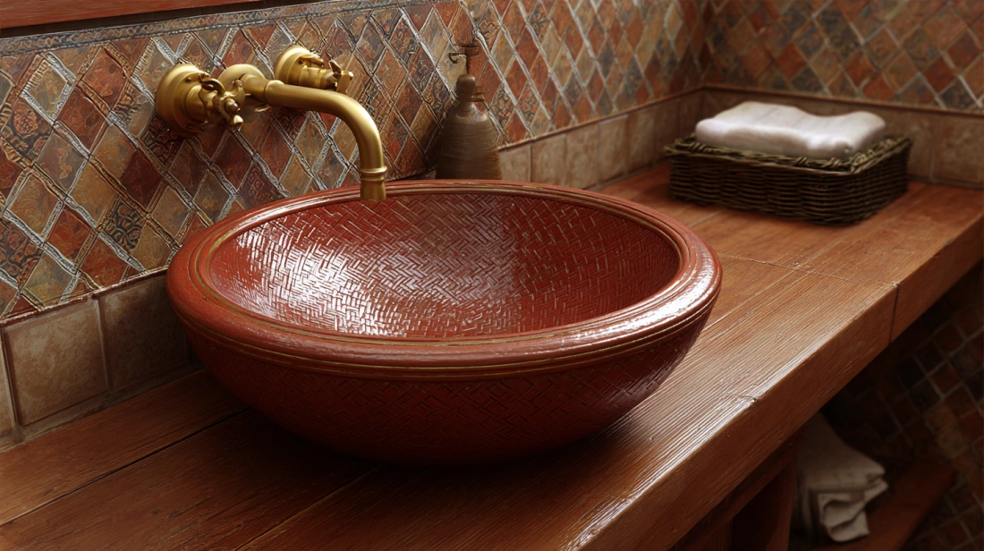 Terracotta basin on wooden counter in dining area