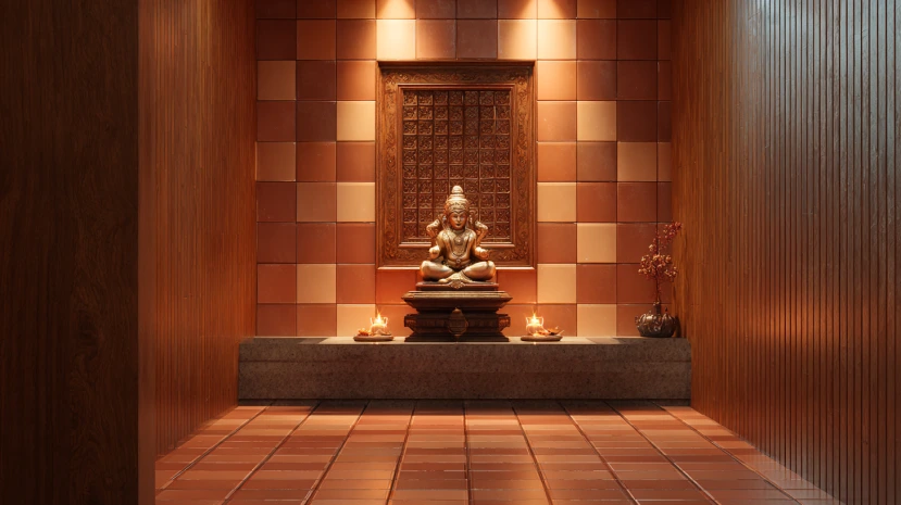 terracotta tiles adding warmth to traditional pooja room tile designs