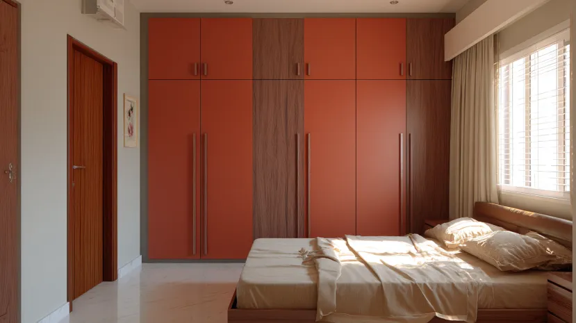 terracotta and dark walnut in two colour combination of wardrobe design