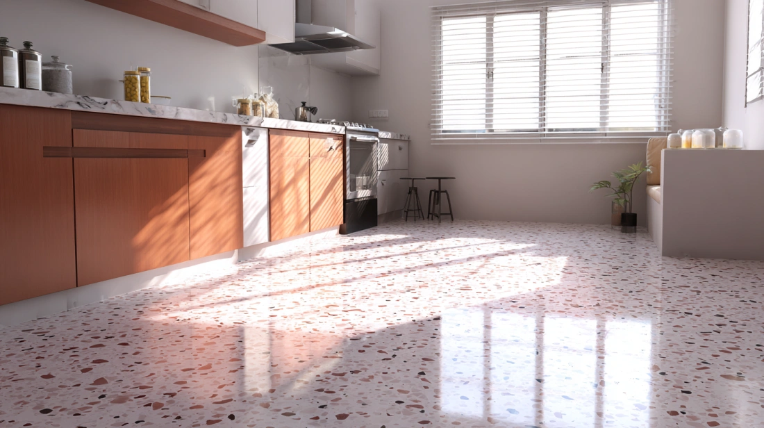 Traditional terrazzo flooring with colorful stone fragments
