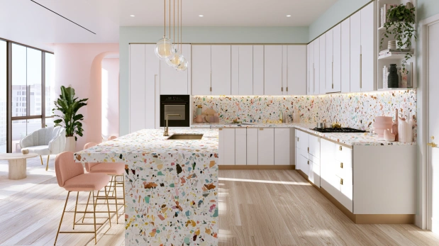Terrazzo kitchen countertop with stone chips