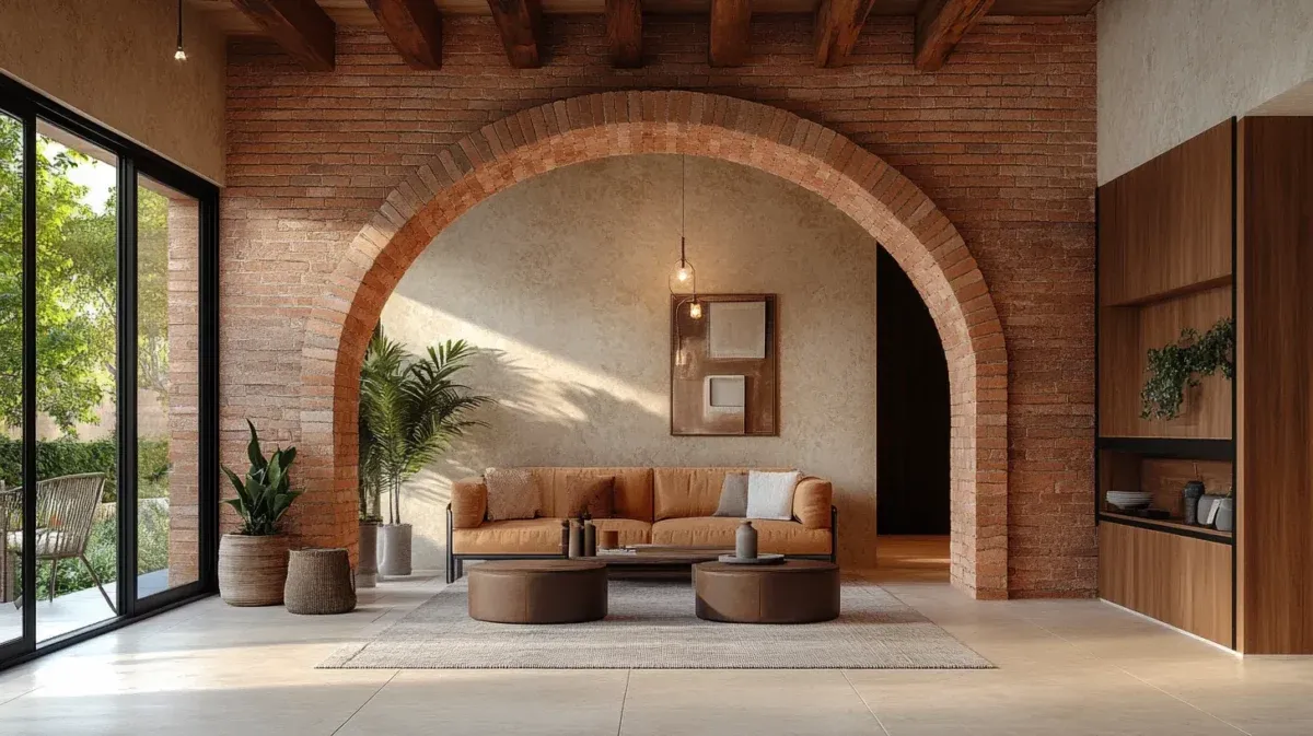 Interior red brick archway in a modern rustic living room