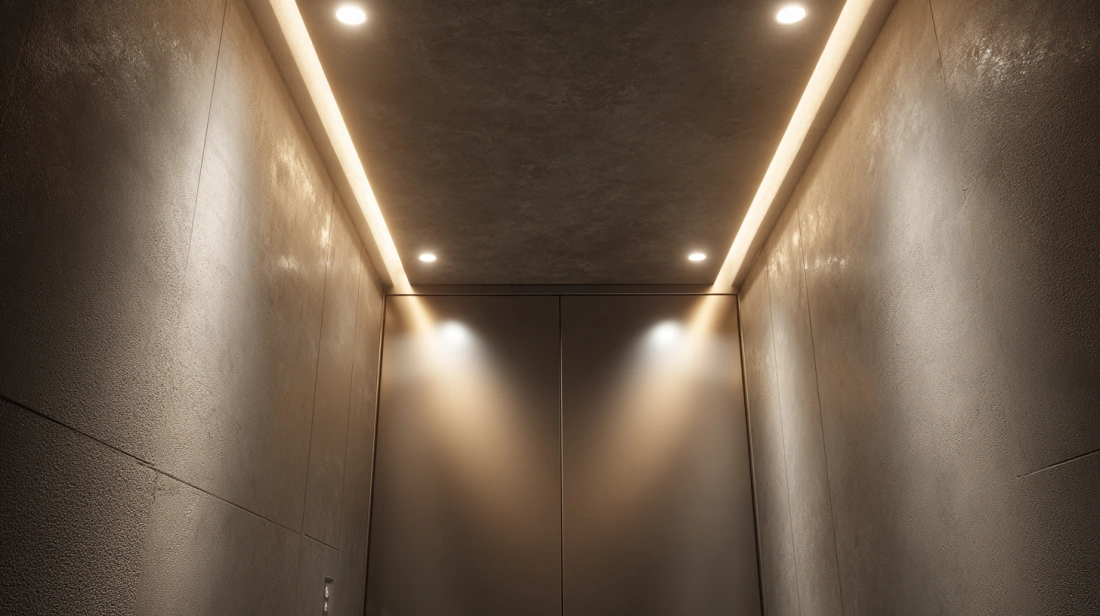 Close-up of a textured fabric-style panel on a lift ceiling