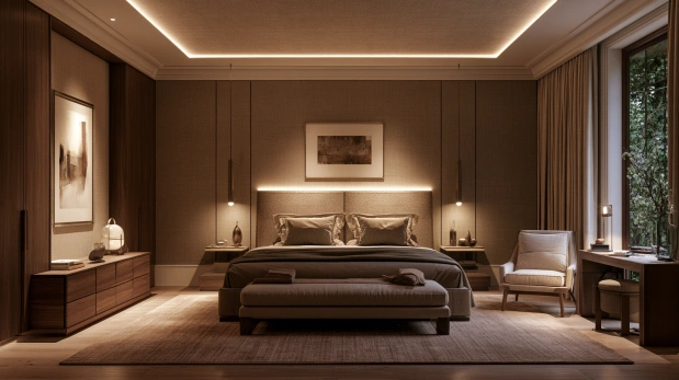 Soft textured fabric wallpaper for luxury bedrooms.