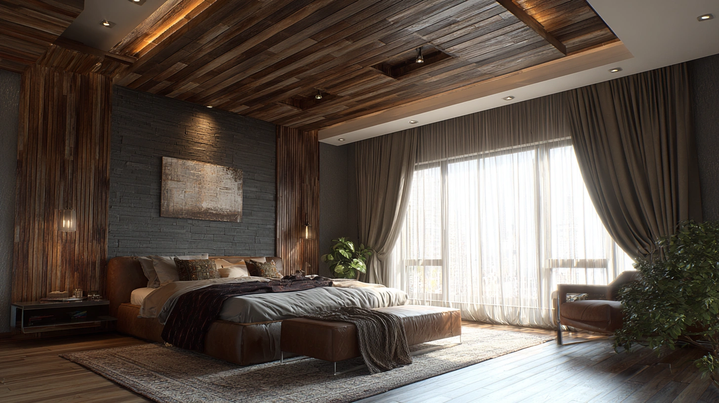 Wood texture PVC ceiling panels in warm bedroom decor