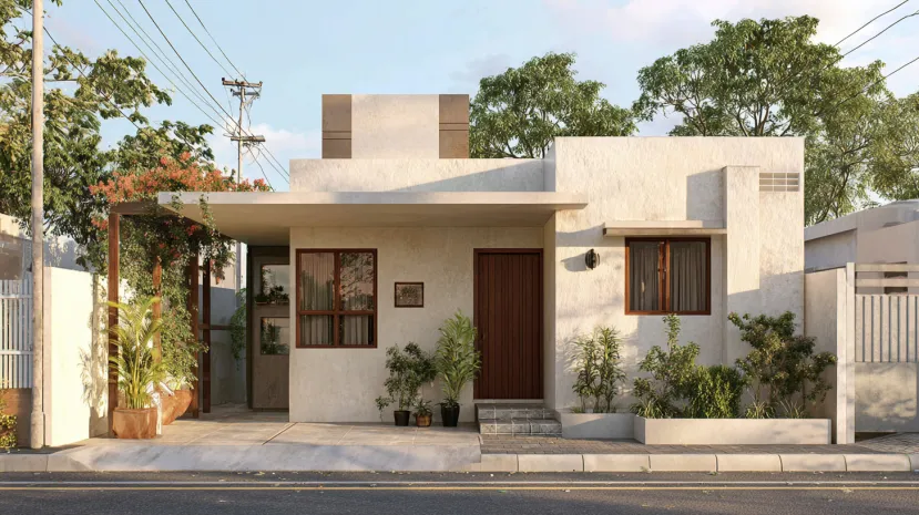 Low cost normal house front elevation with textured finish
