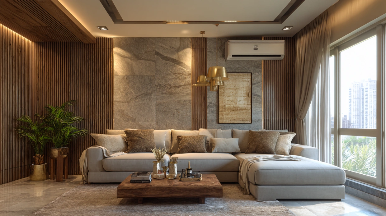 Living room with textured wall and pendant light